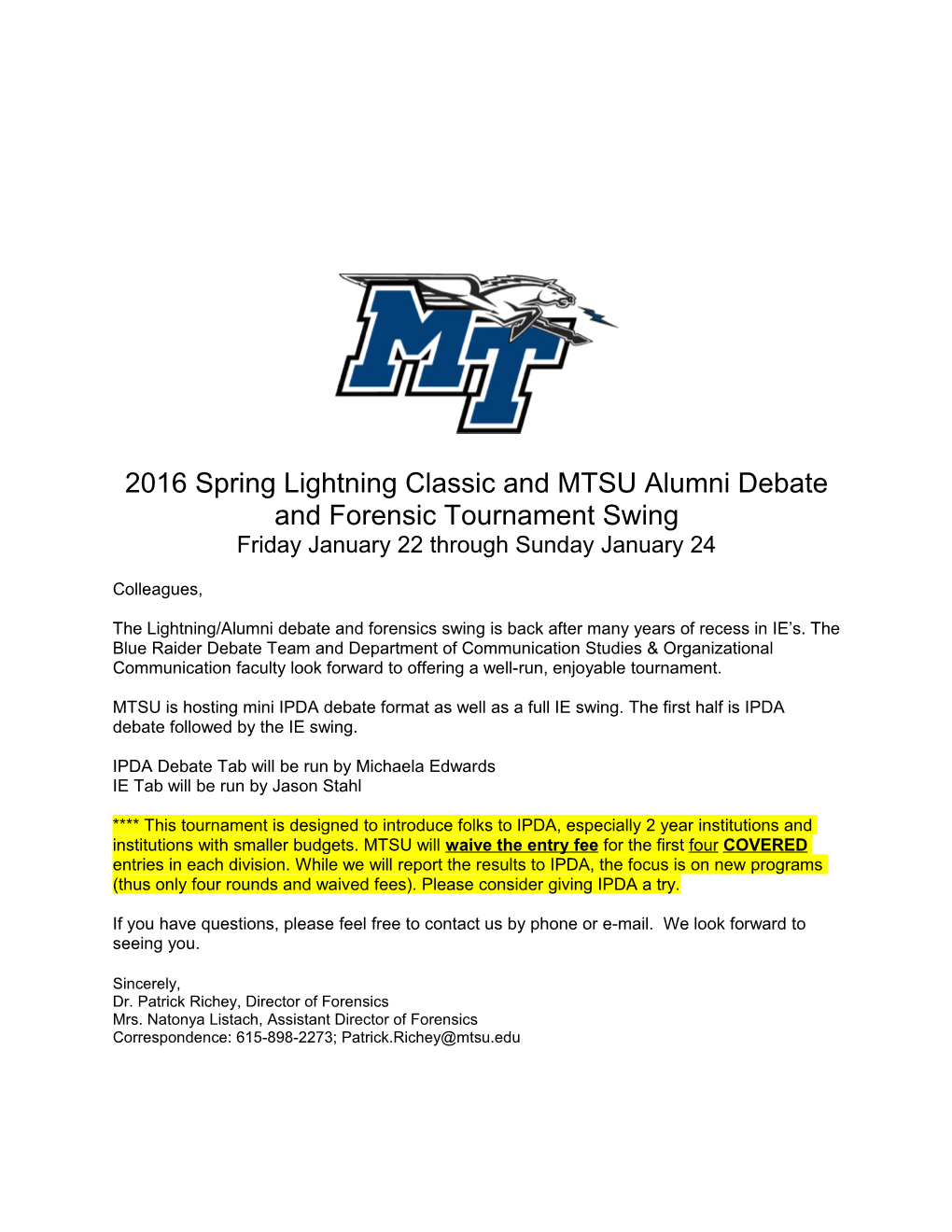 2016Spring Lightning Classicand MTSU Alumni Debate and Forensic Tournament Swing