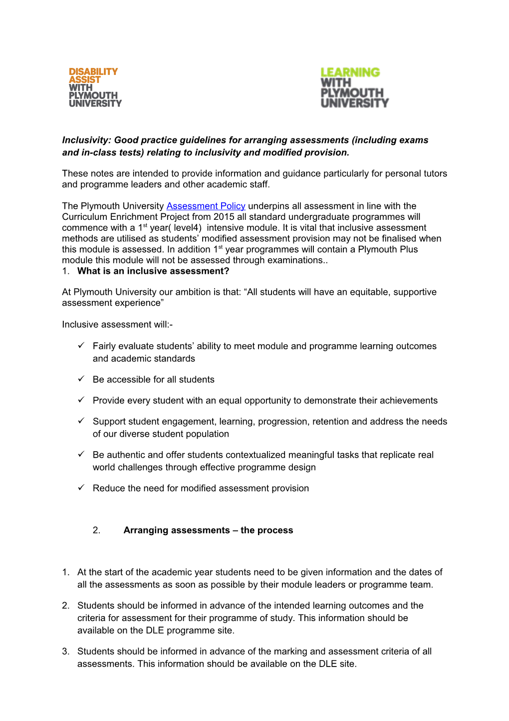 Inclusivity: Good Practice Guidelines for Arranging Assessments (Including Exams and In-Class