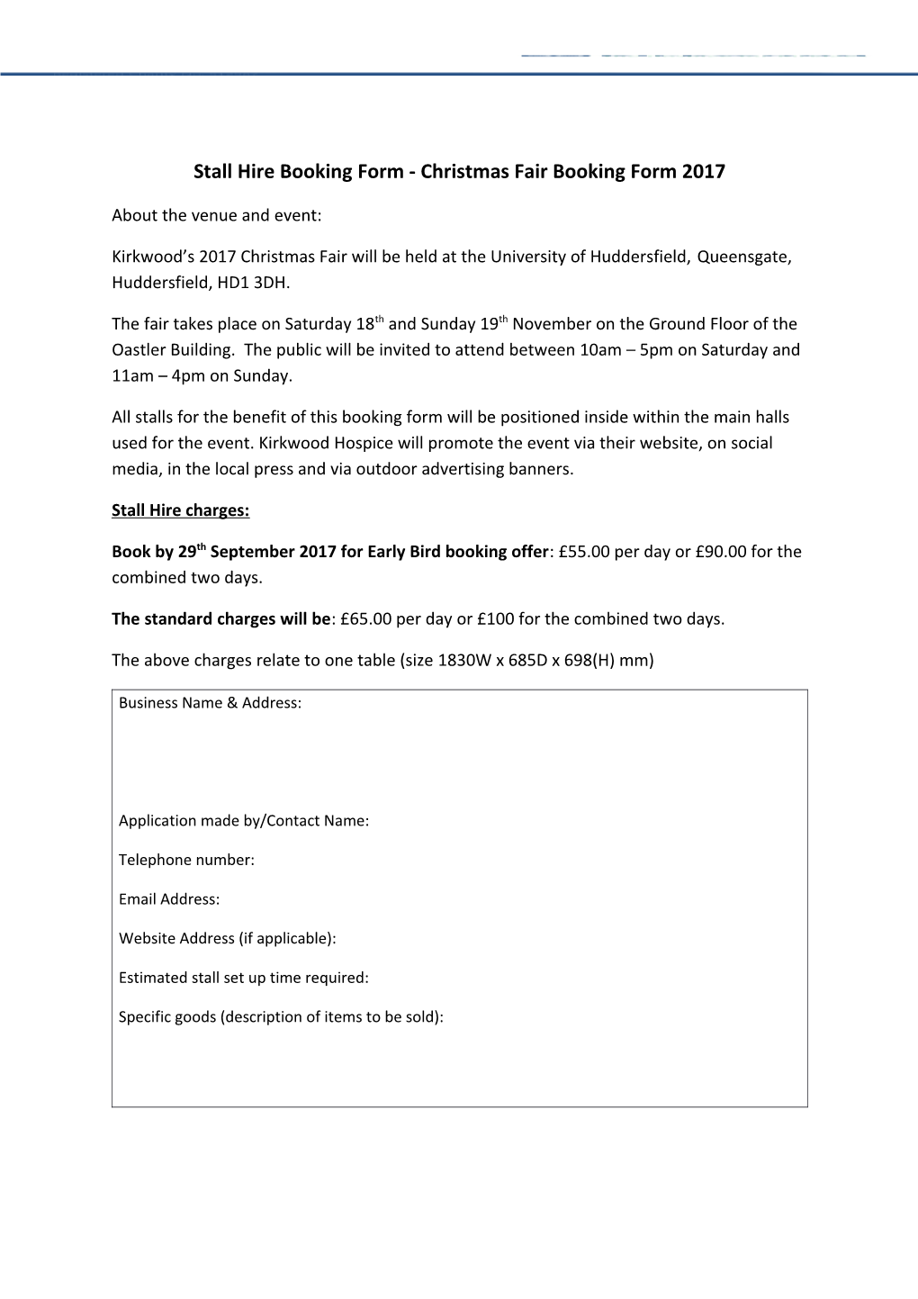 Stall Hire Booking Form - Christmas Fair Booking Form 2017