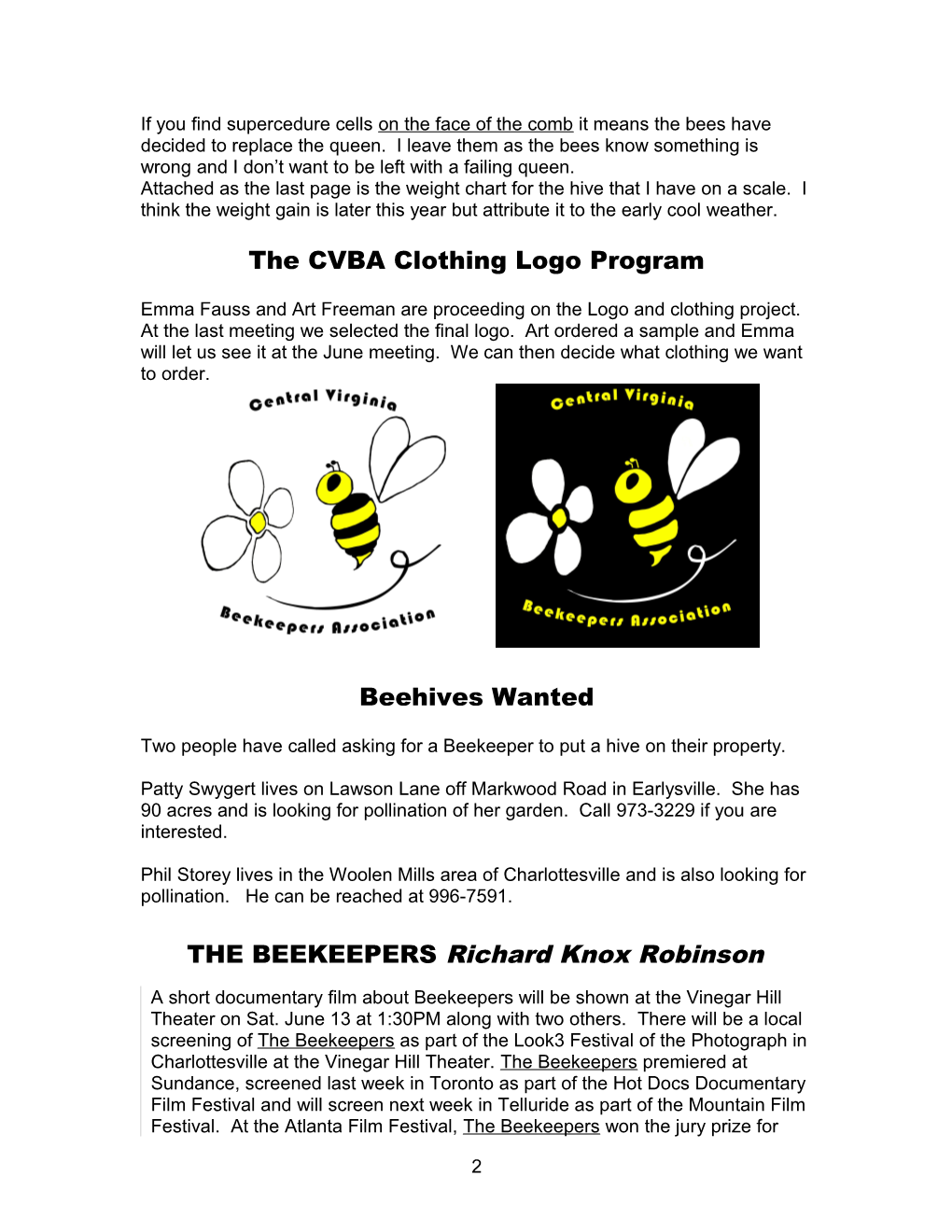 Central Virginia Beekeepers Newsletter