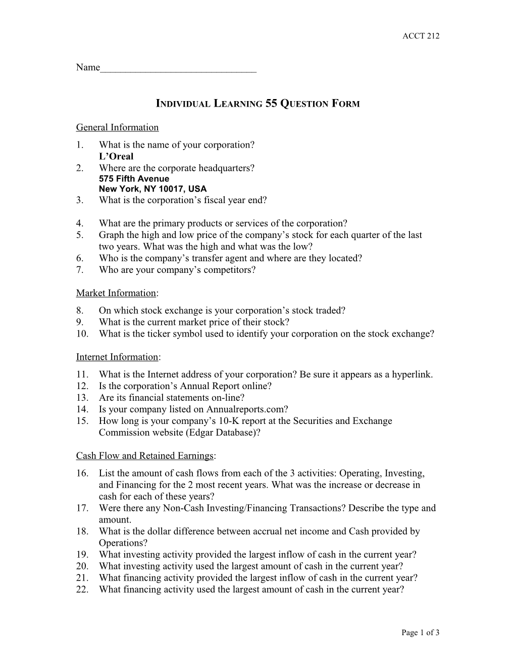 Individual Learning 55 Question Form