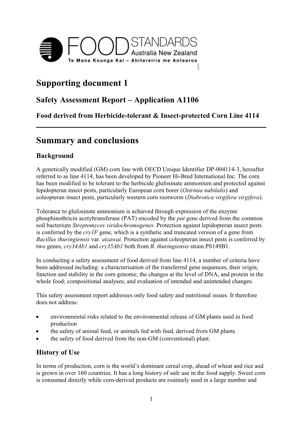 Safety Assessment Report Application A1106
