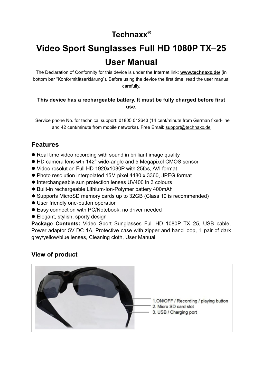 Video Sport Sunglasses Full HD 1080P TX 25User Manual