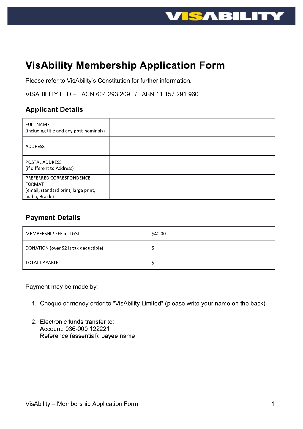 Visability Membership Application Form