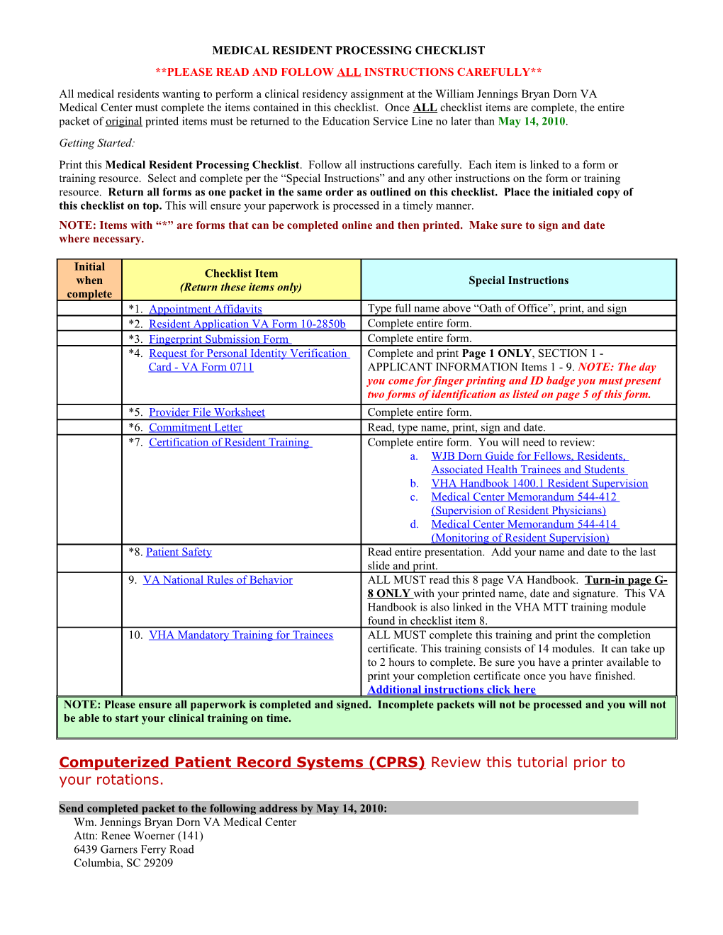 Medical Resident Processing Checklist