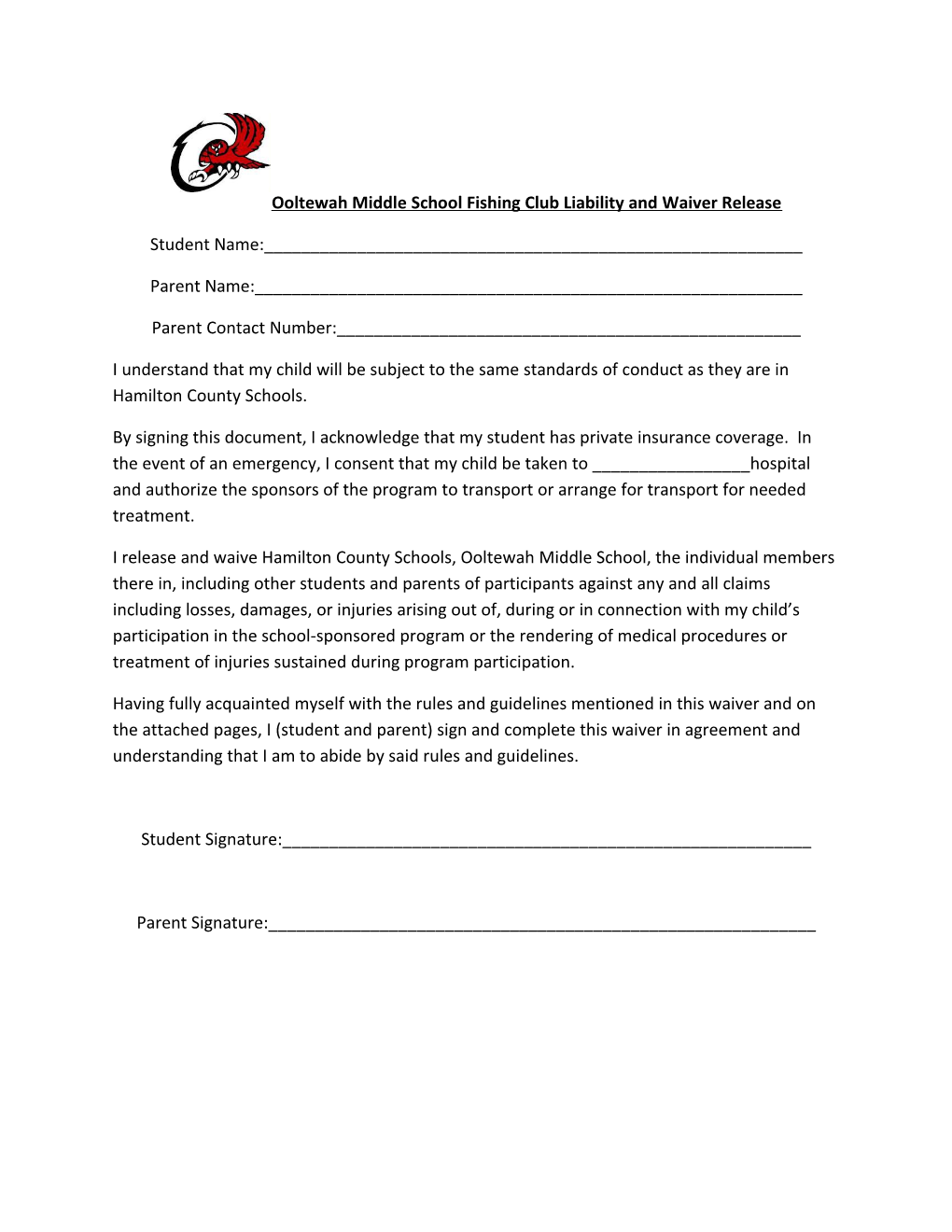 Ooltewah Middle School Fishing Club Liability and Waiver Release