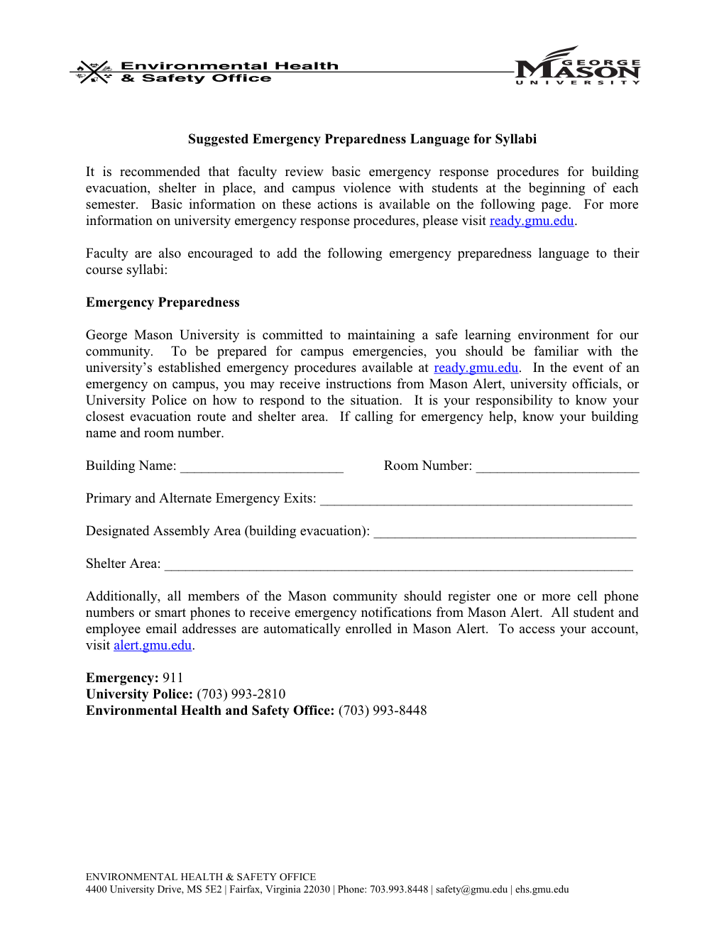 Suggested Emergency Preparedness Language for Syllabi