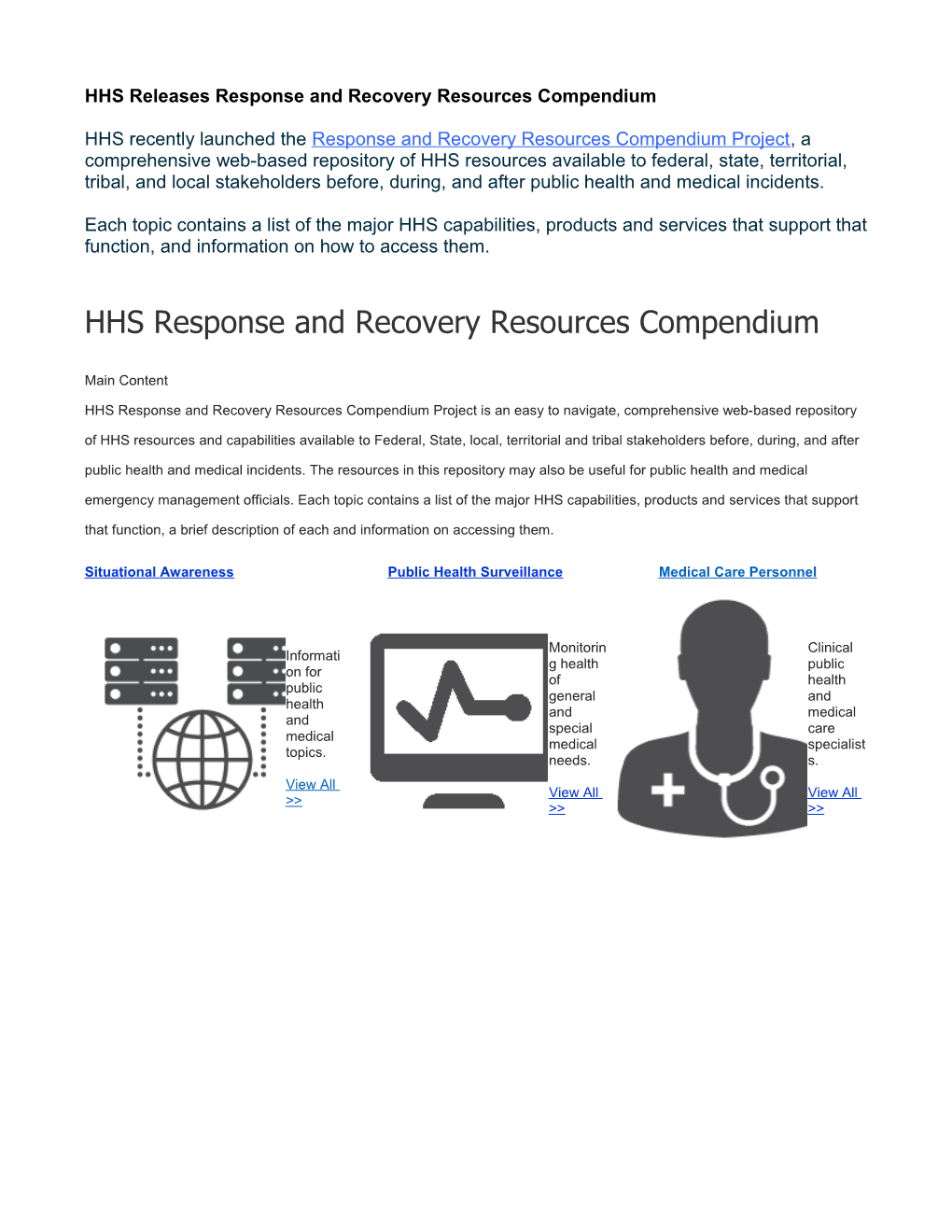 HHS Releases Response and Recovery Resources Compendium