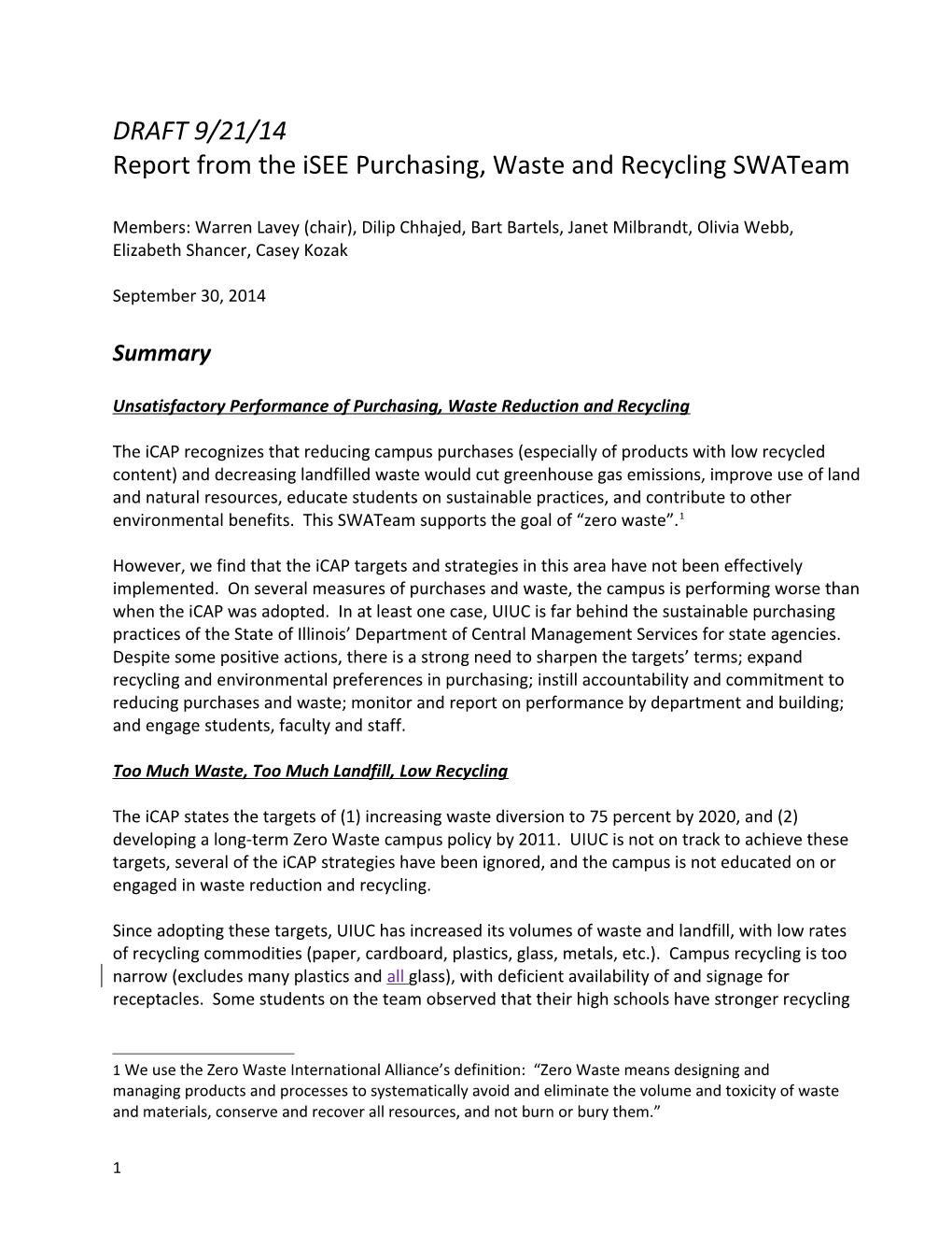 Report from the Isee Purchasing, Waste and Recycling Swateam