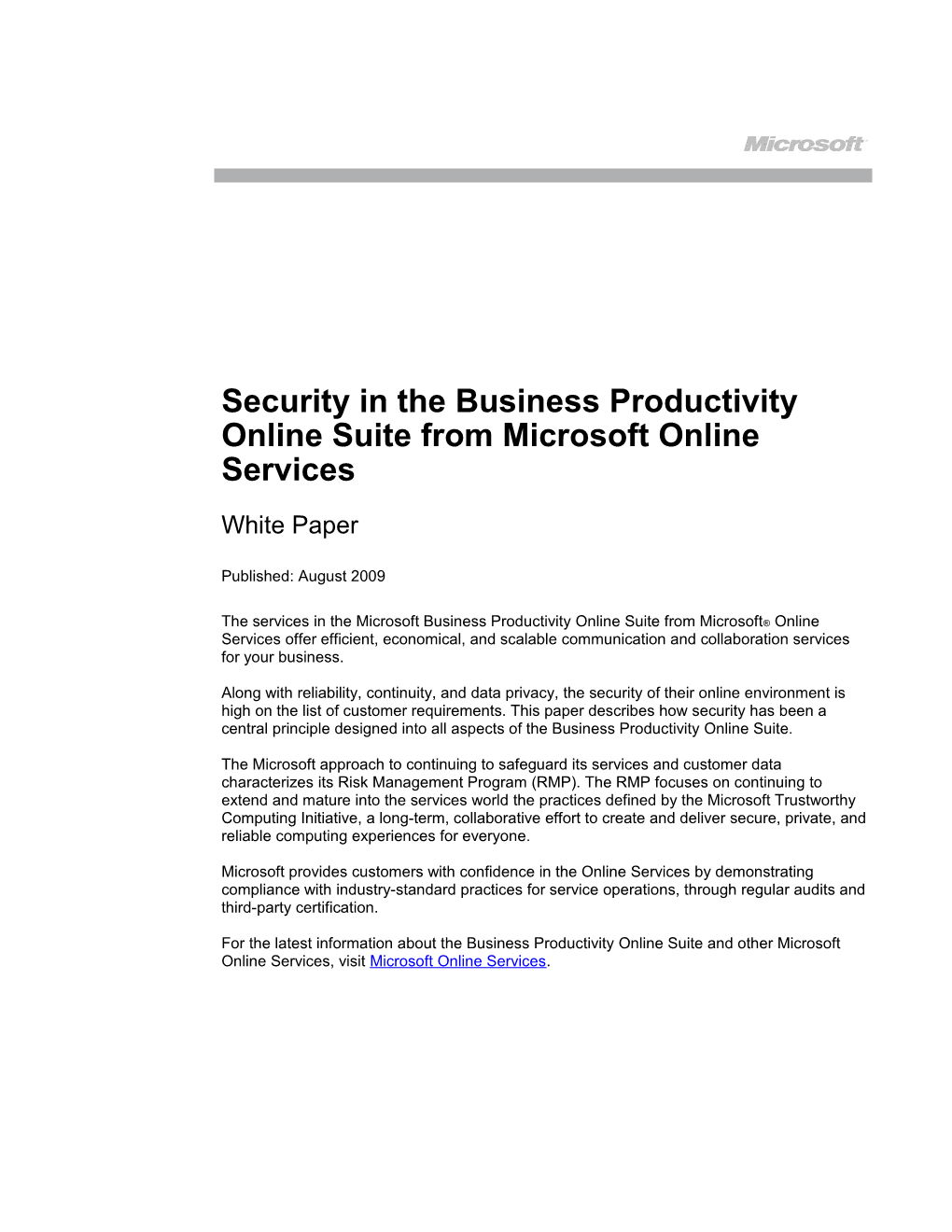 Security Inthe Business Productivity Online Suite from Microsoft Online Services