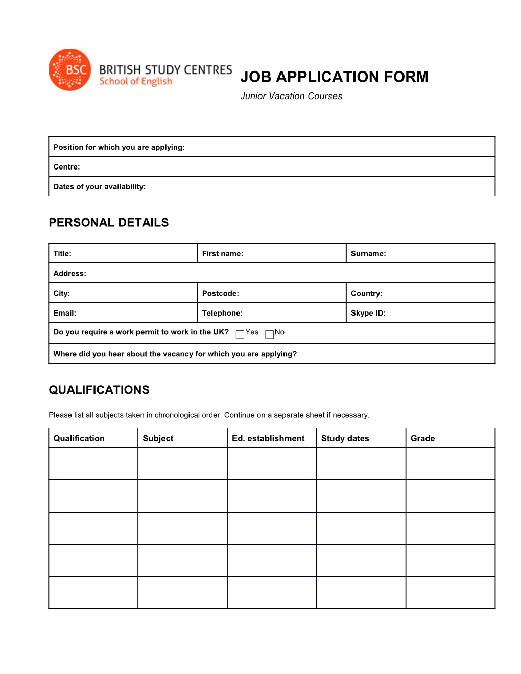 Job Application Form, Junior Vacation Courses