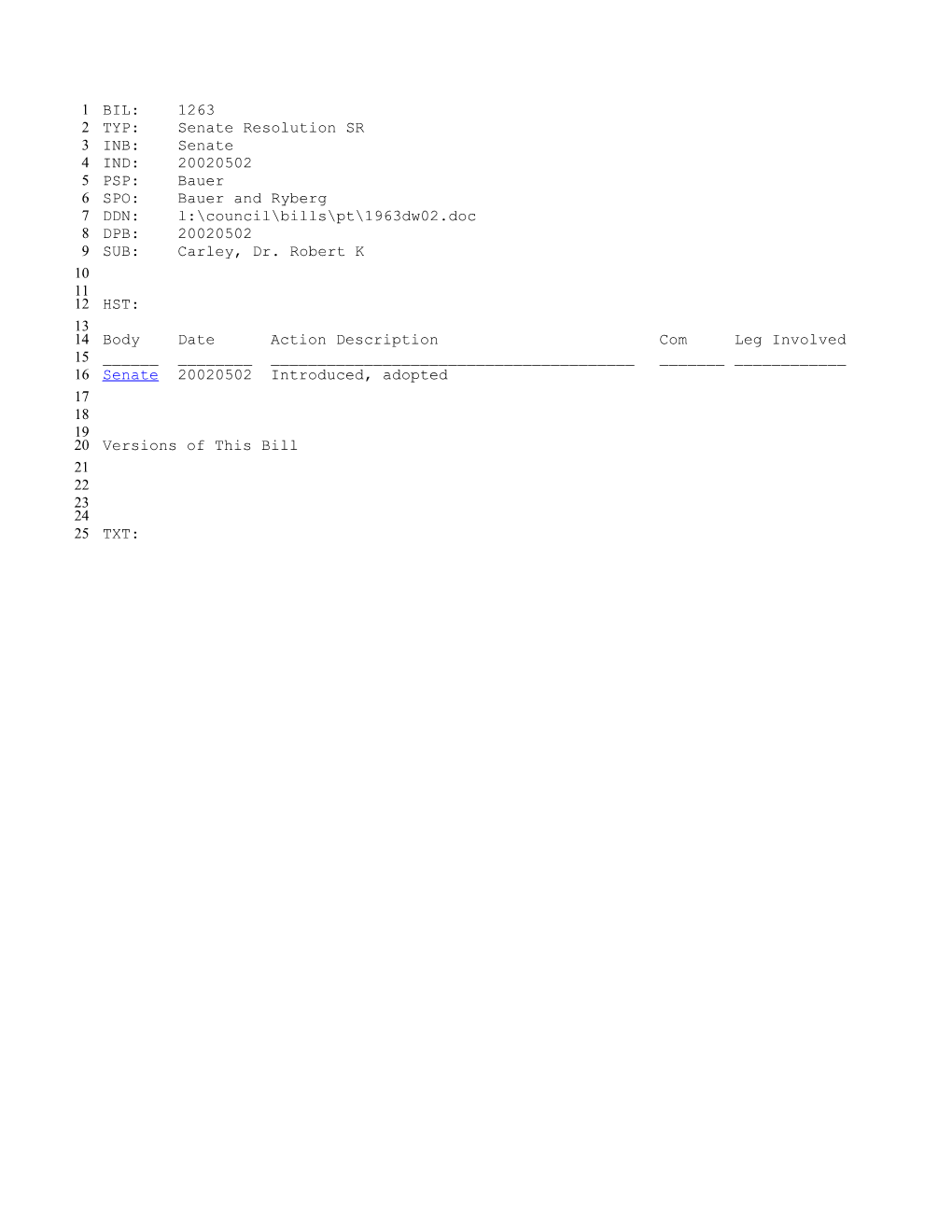 2001-2002 Bill 1263: Carley, Dr. Robert K - South Carolina Legislature Online