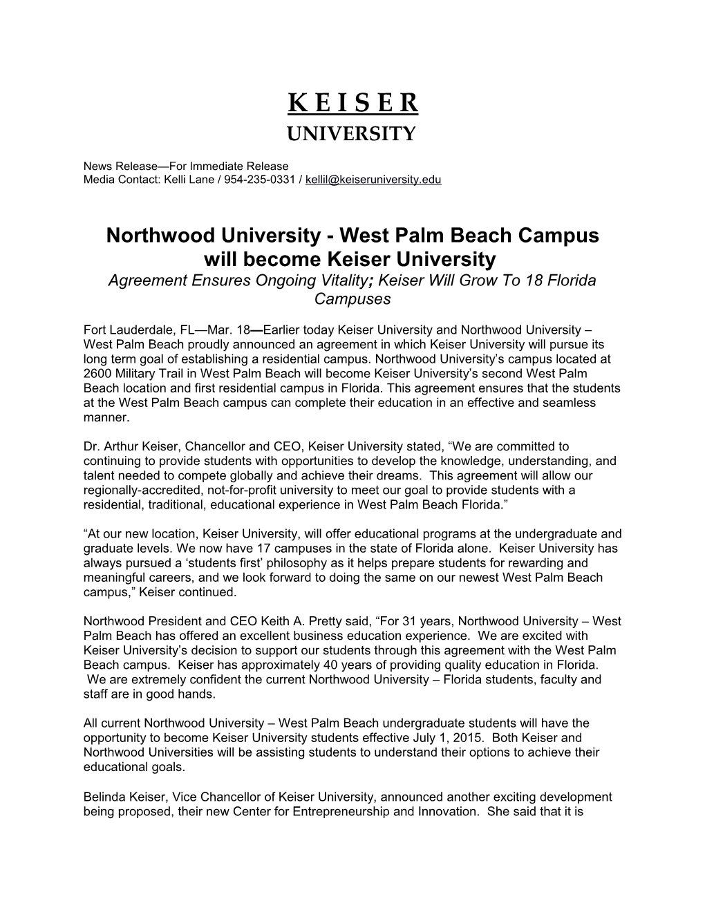 Northwood University - West Palm Beach Campus Will Become Keiser University