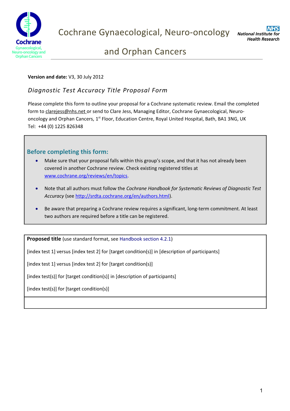 Diagnostic Test Accuracy Title Proposal Form