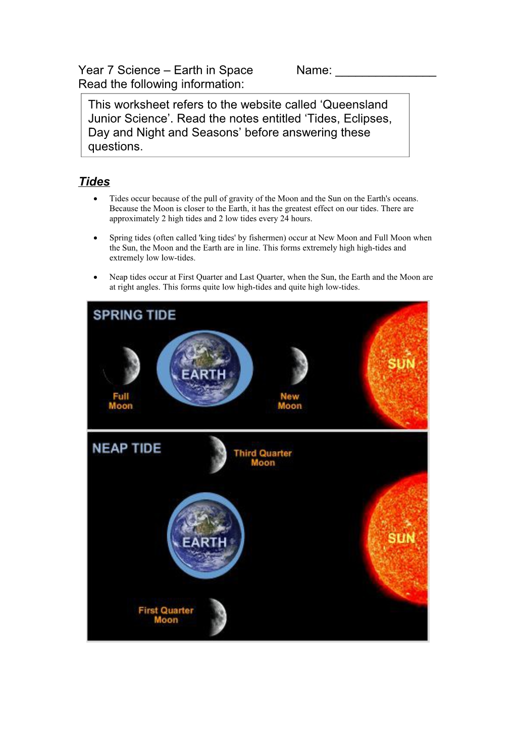 Year 7 Science Earth in Spacename: ______