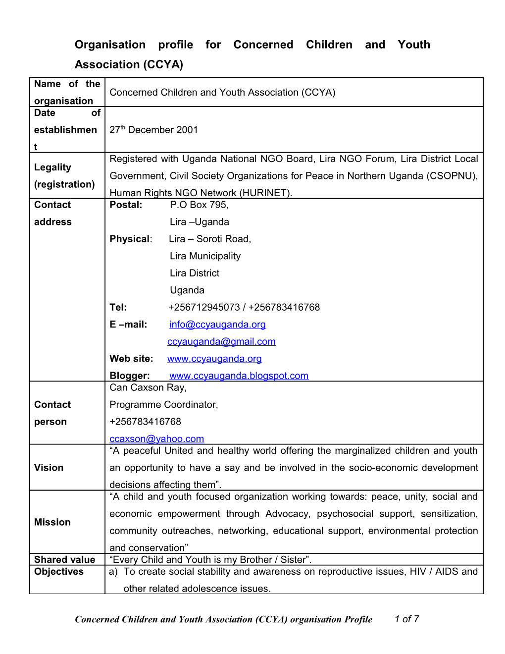 Organisation Profile for Concerned Children and Youth Association (CCYA)