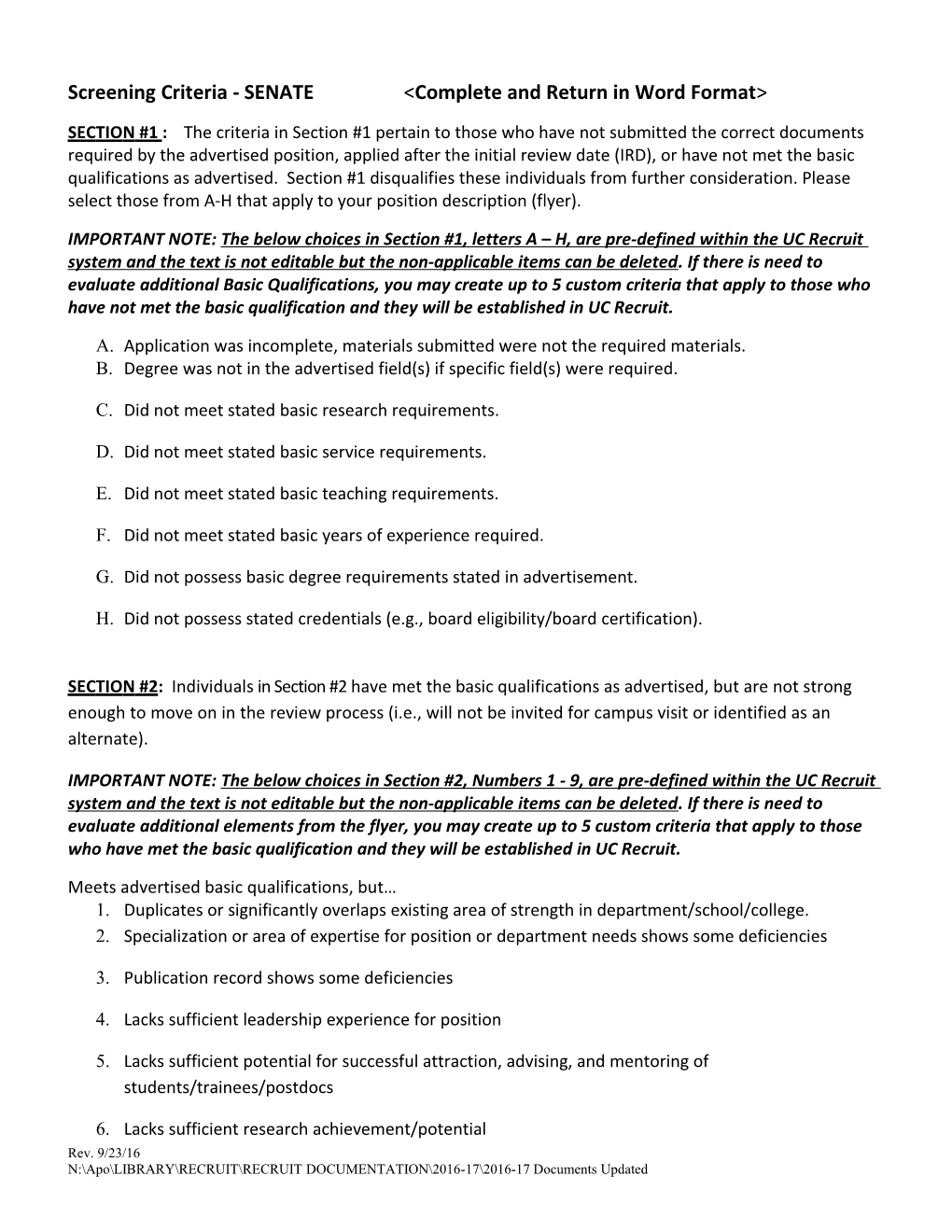 Screening Criteria - SENATE&lt;Complete and Return in Word Format &gt;