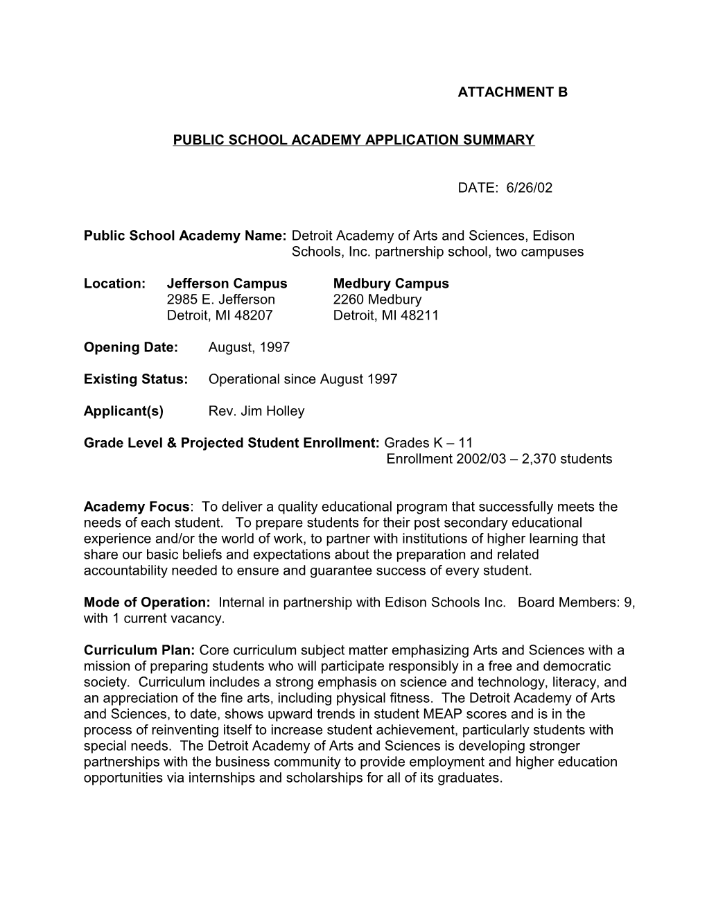 Public School Academy Application Summary