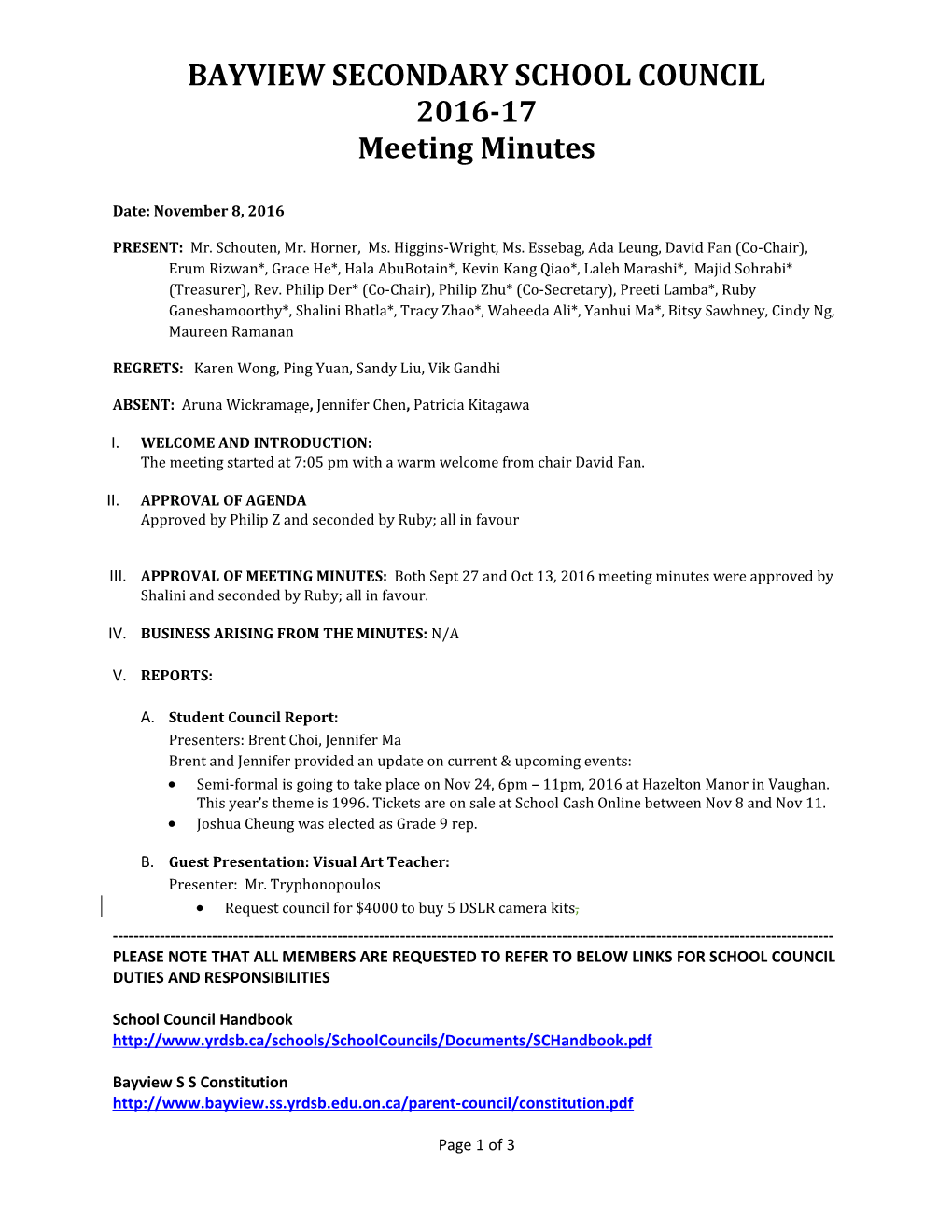 Bayview School Council Meeting Minutes