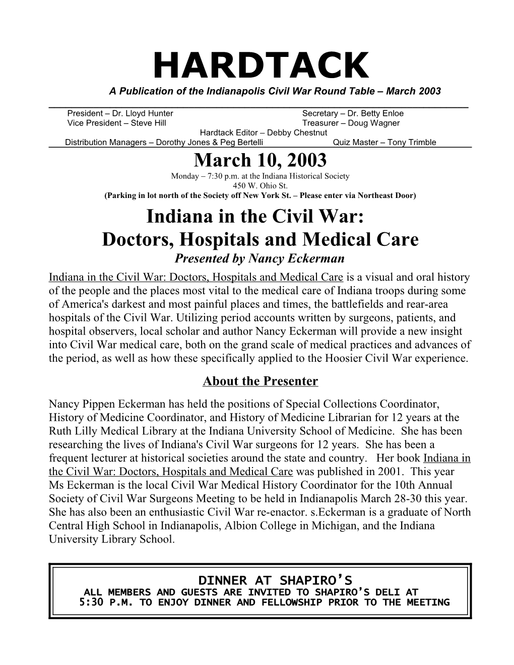 A Publication of the Indianapolis Civil War Round Table March 2003