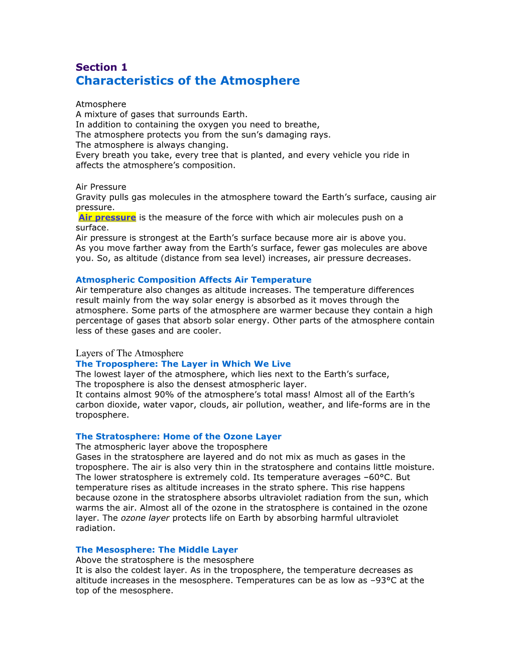 Characteristics of the Atmosphere