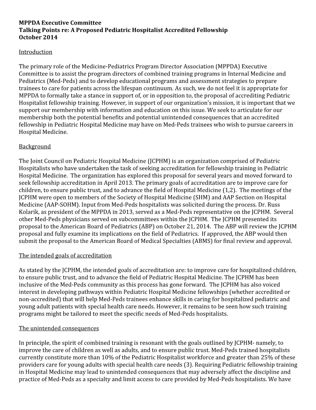 Talking Points Re: a Proposed Pediatric Hospitalist Accredited Fellowship