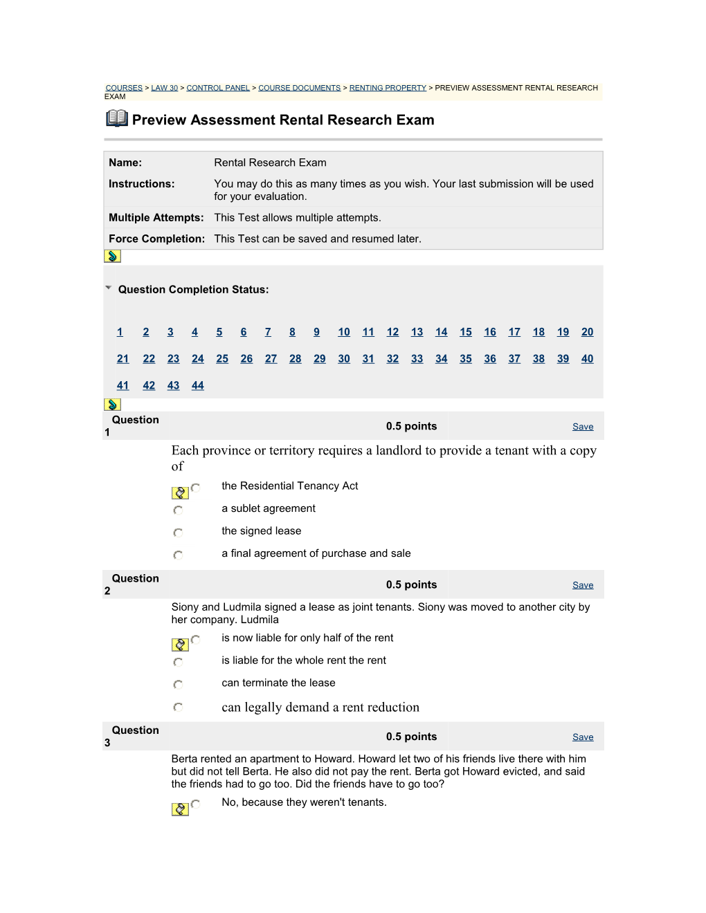 Courses Law 30 Control Panel Course Documents Renting Property Preview Assessment Rental