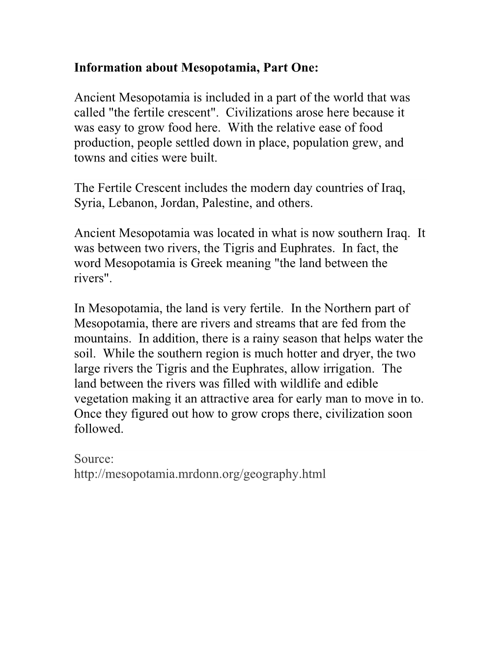 Information About Mesopotamia, Part One