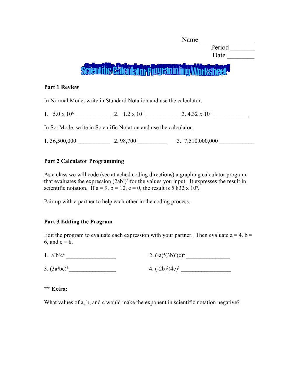 Scientific Calculator Programming Worksheet