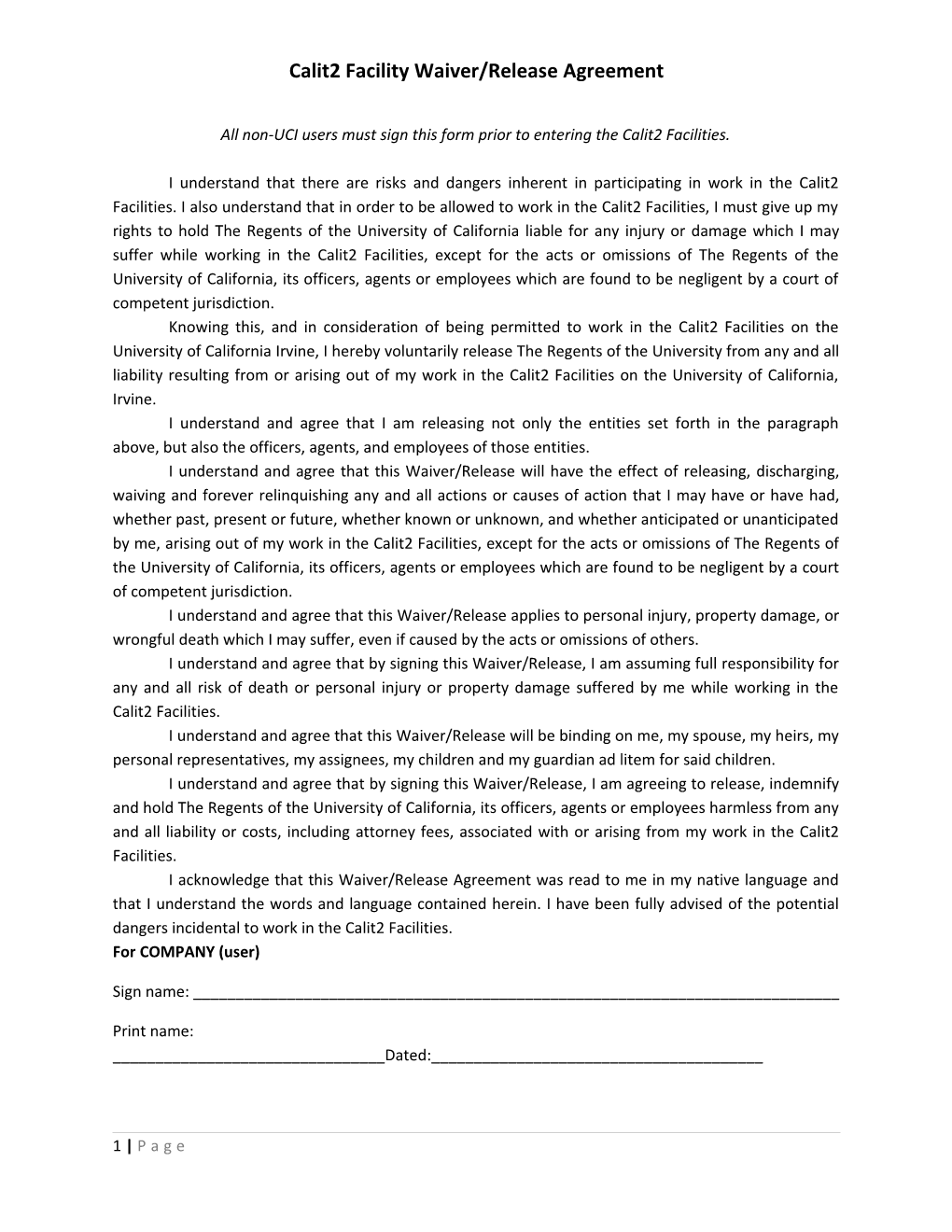 Calit2 Facility Waiver/Release Agreement