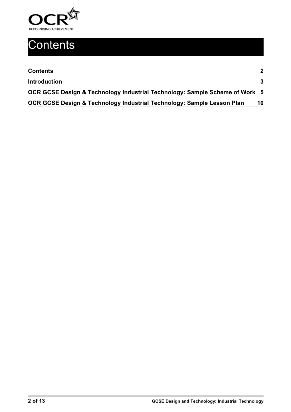 OCR GCSE Design & Technology Industrial Technology: Sample Scheme of Work