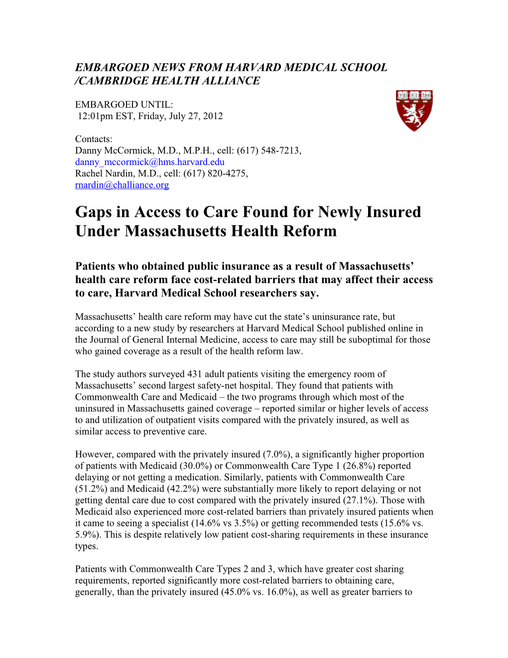 Embargoed News from Harvard Medical School /Cambridge Health Alliance