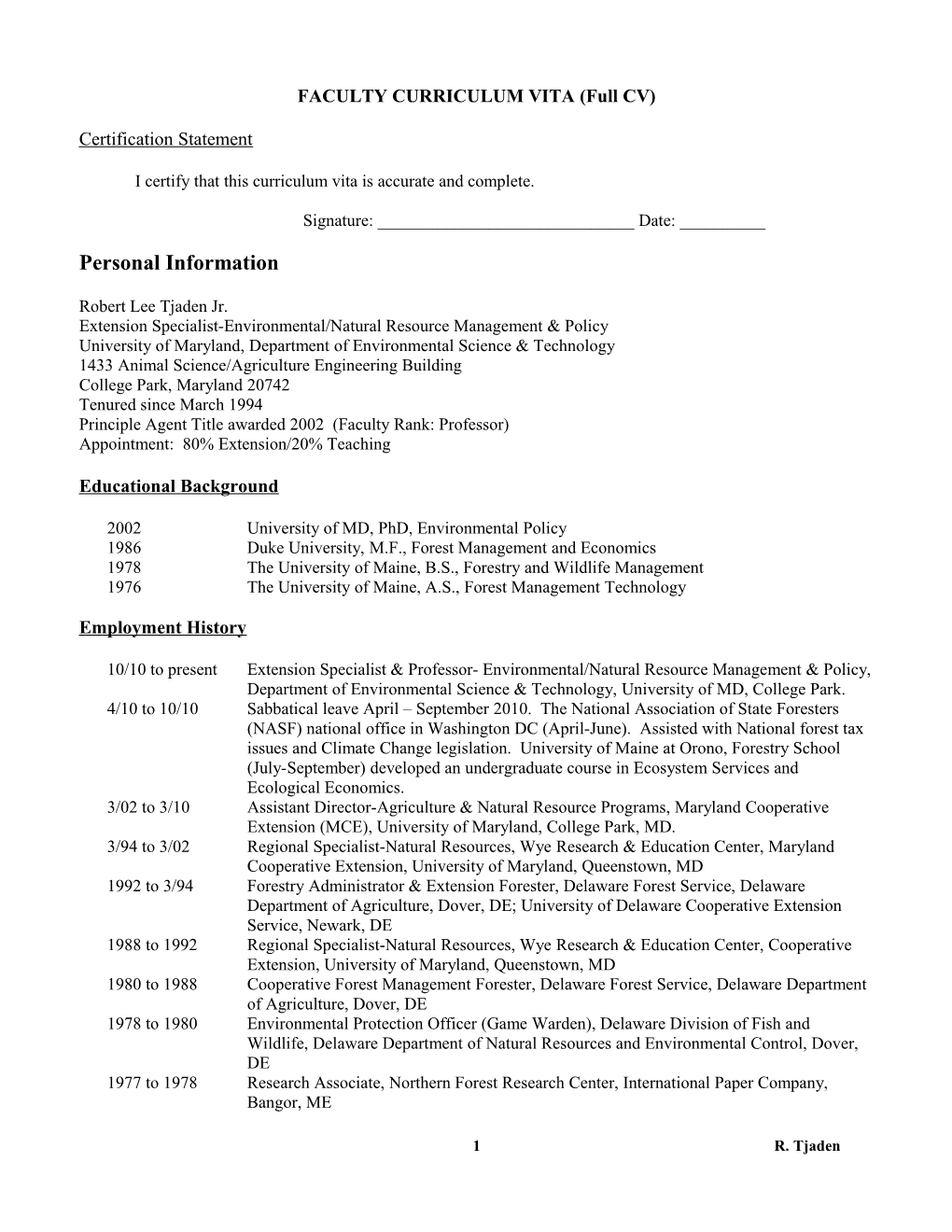 FACULTY CURRICULUM VITA (Full CV)