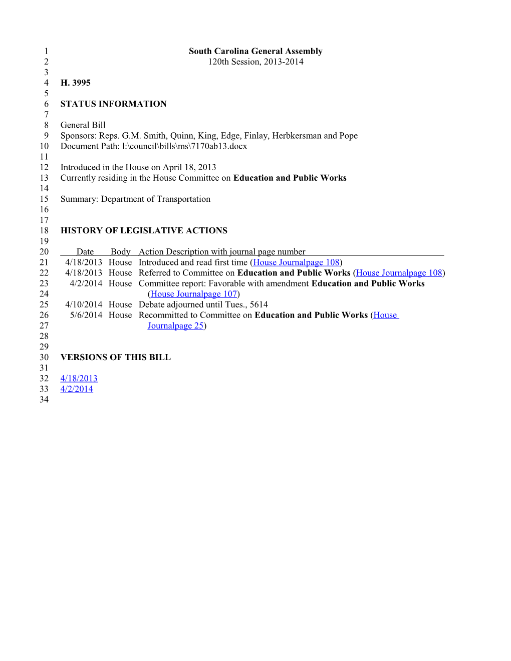 2013-2014 Bill 3995: Department of Transportation - South Carolina Legislature Online