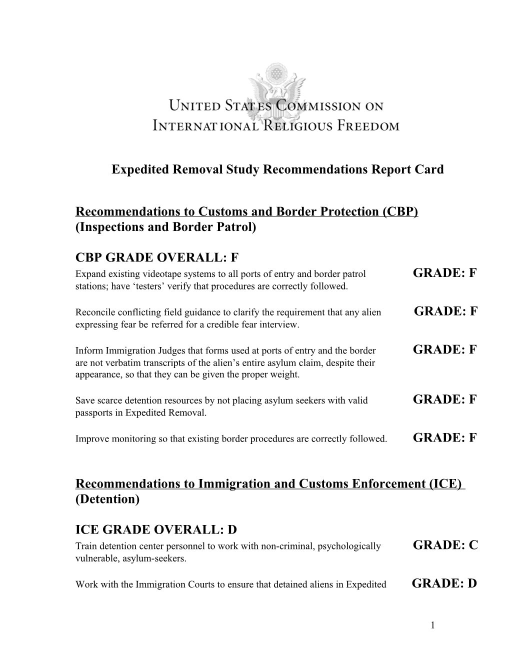 USCIRF Expedited Removal Study Recommendations Score Card