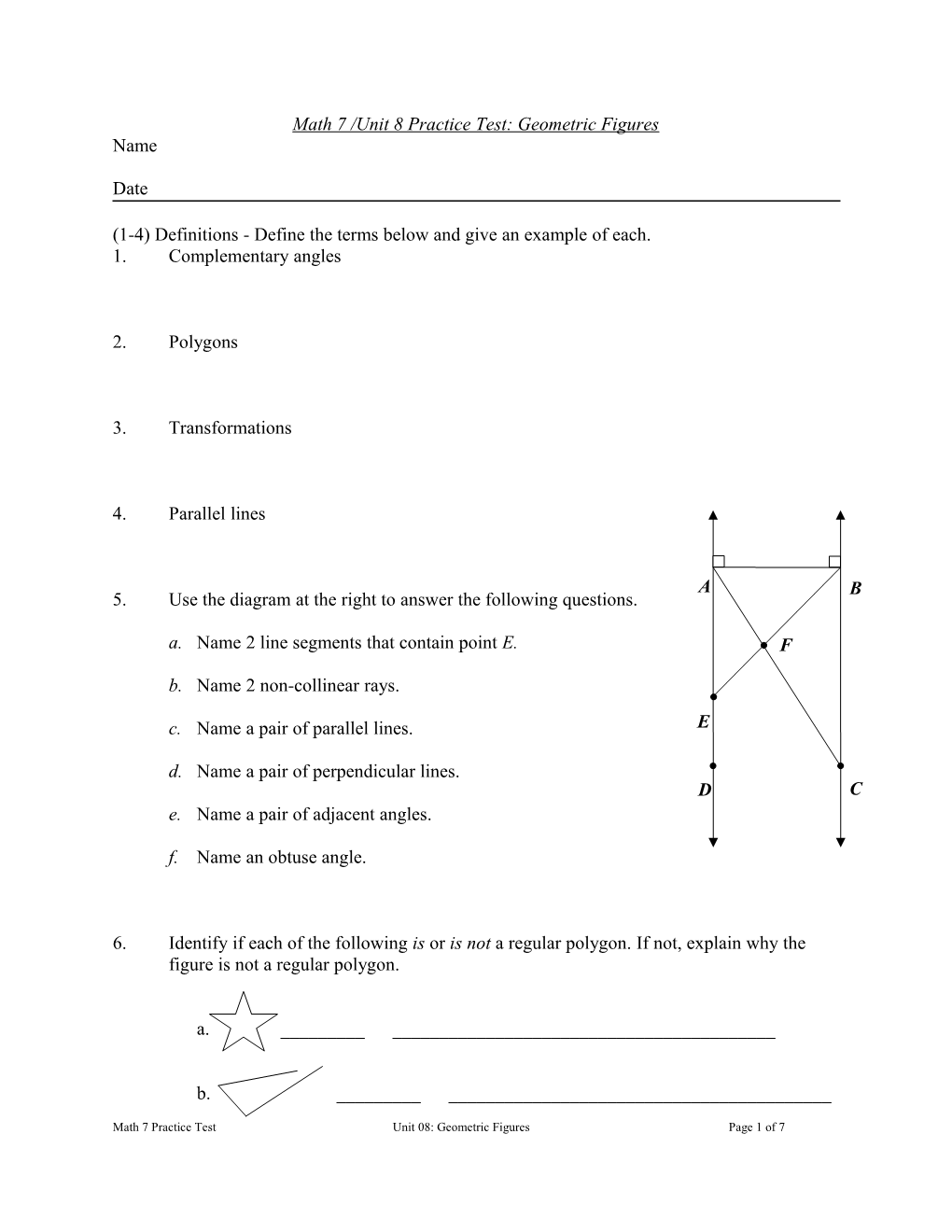 Math 7 /Unit 8 Practice Test: Geometric Figures