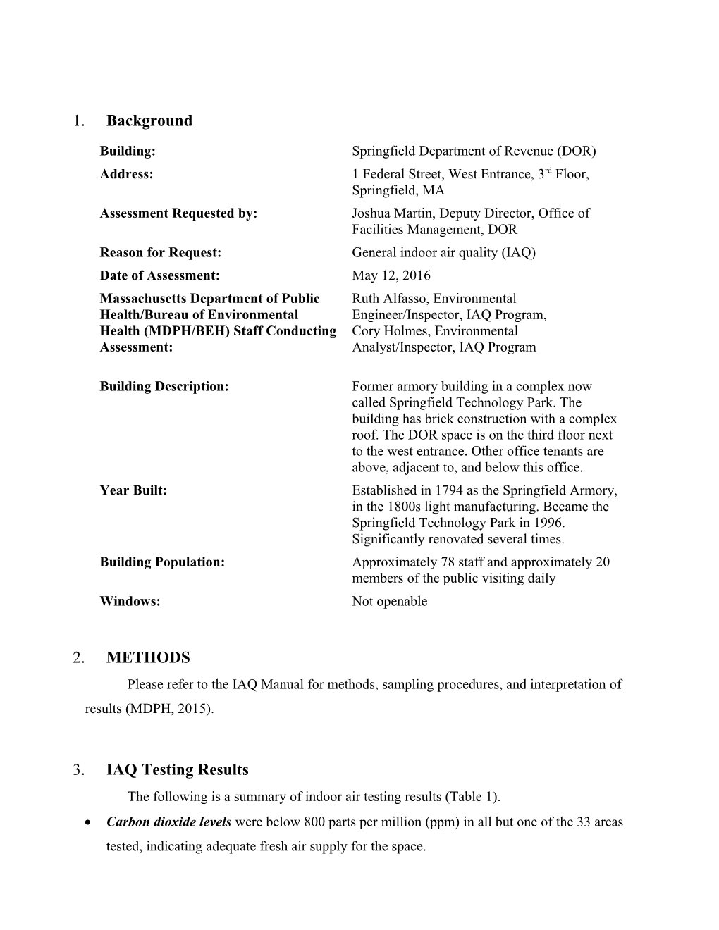 Indoor Air Quality Assessment - Department of Revenue, 1 Federal Street, Springfield, MA