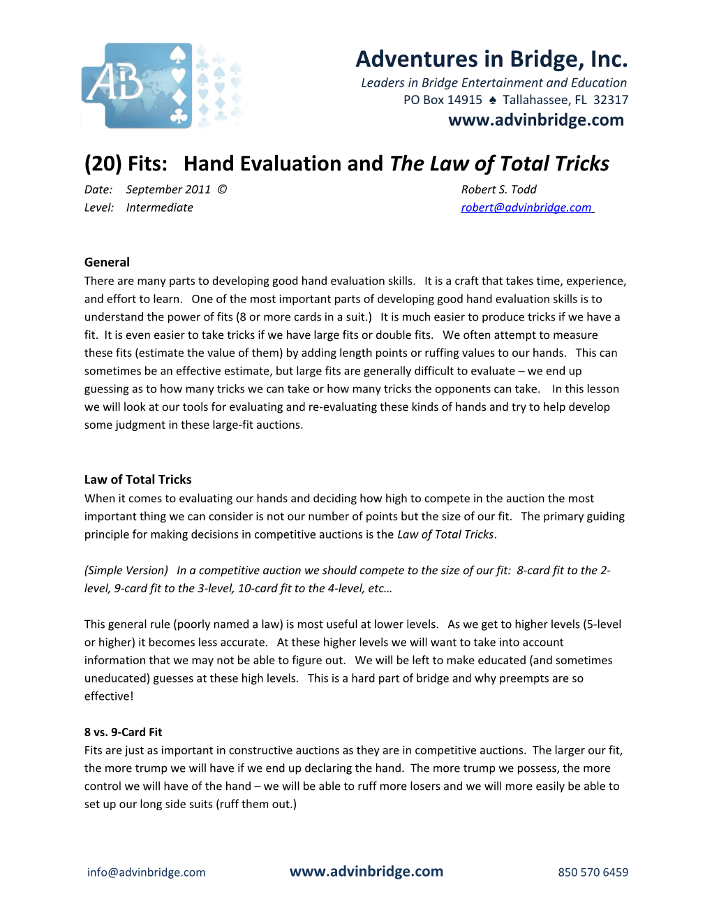 (20) Fits: Hand Evaluation and the Law of Total Tricks
