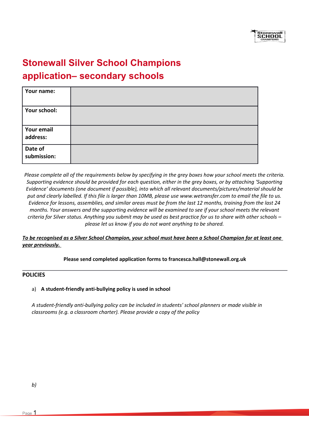 Stonewall Silverschool Champions Application Secondary Schools
