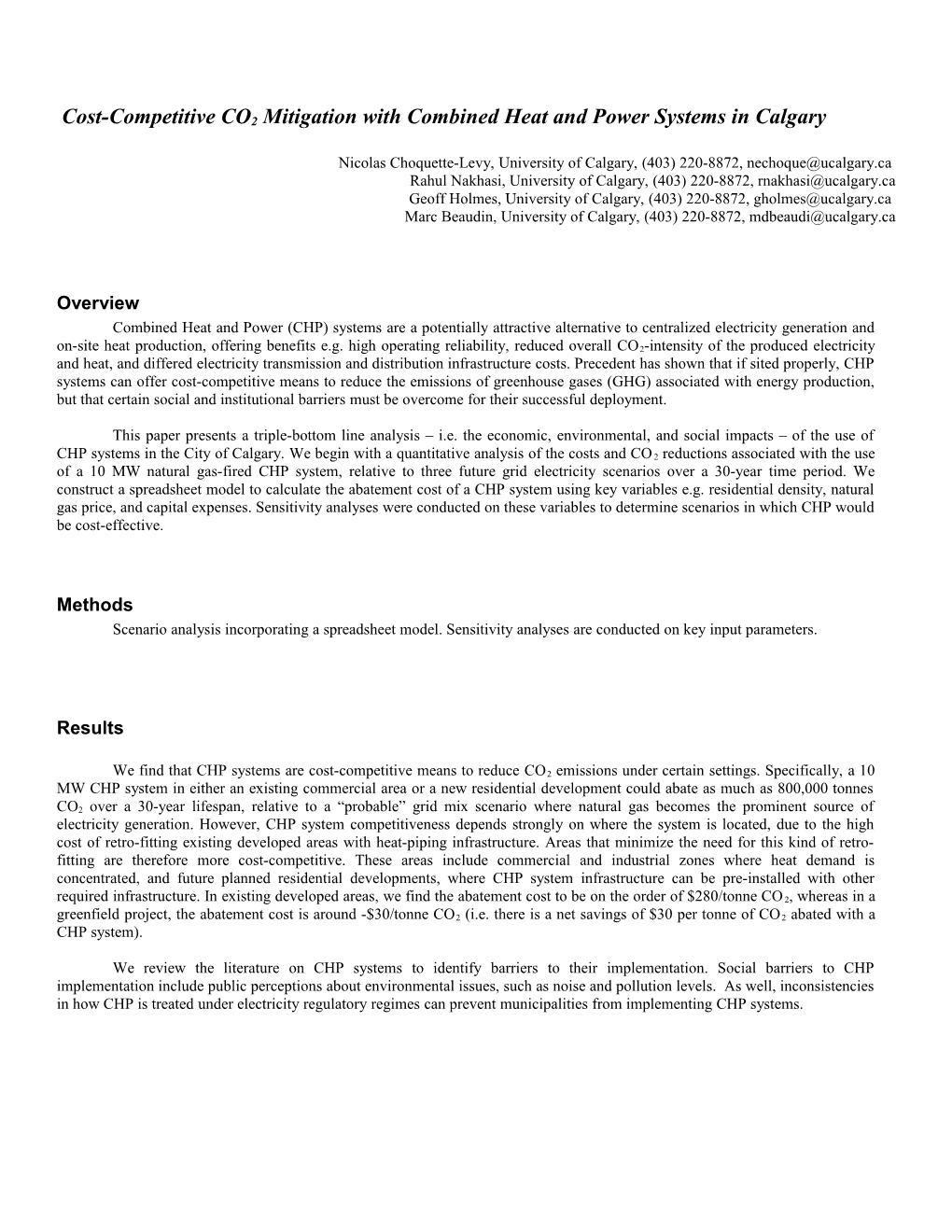 Cost-Competitive CO2 Mitigation with Combined Heat and Power Systems in Calgary