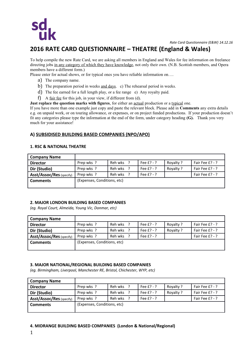 2016 RATE CARD QUESTIONNAIRE THEATRE (England & Wales)