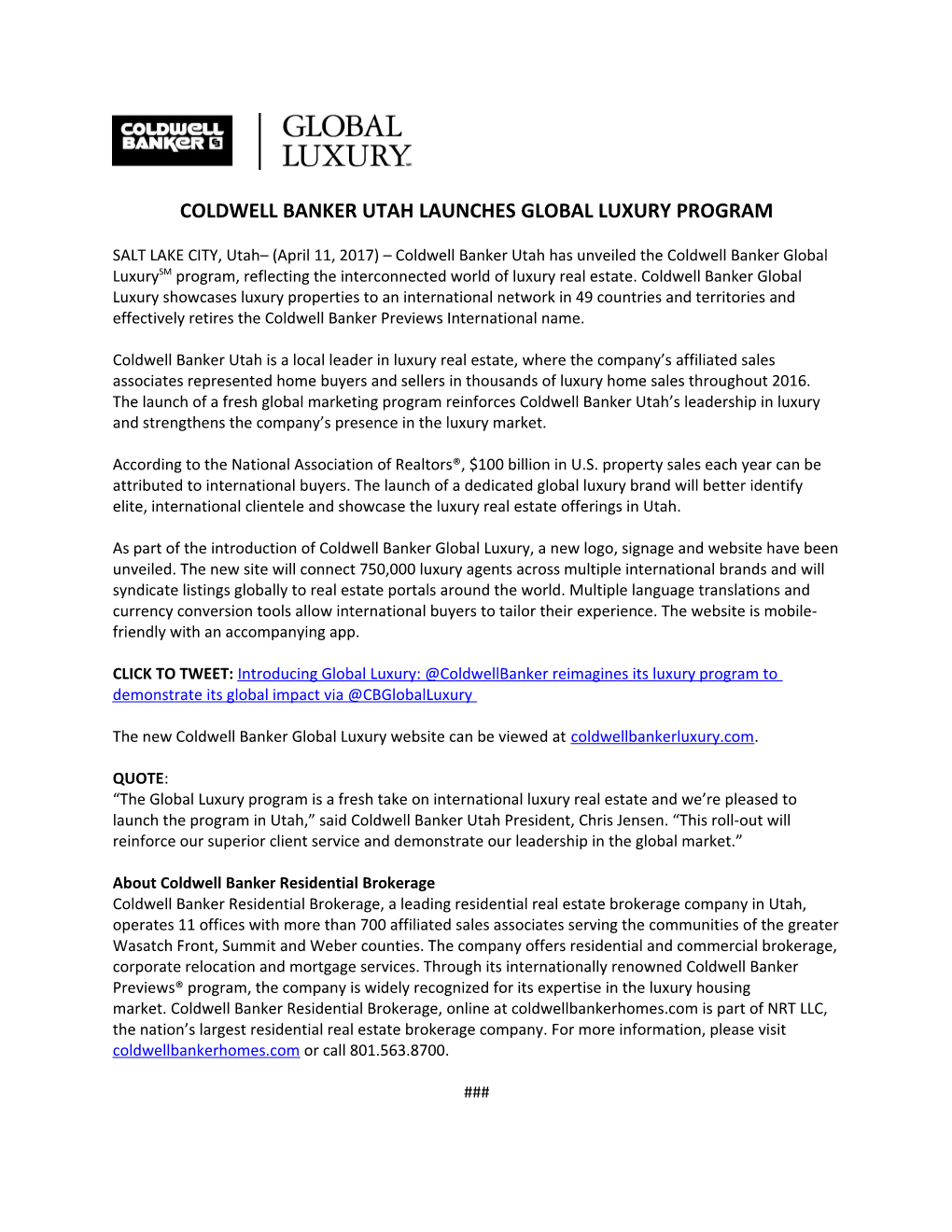 Coldwell Banker Utah Launches Global Luxury Program