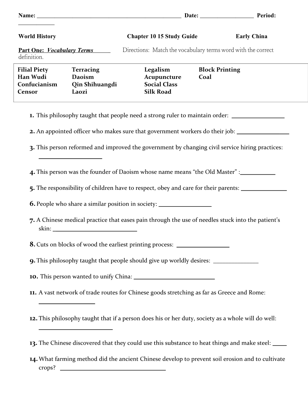 World Historychapter 10 15 Study Guide Early China