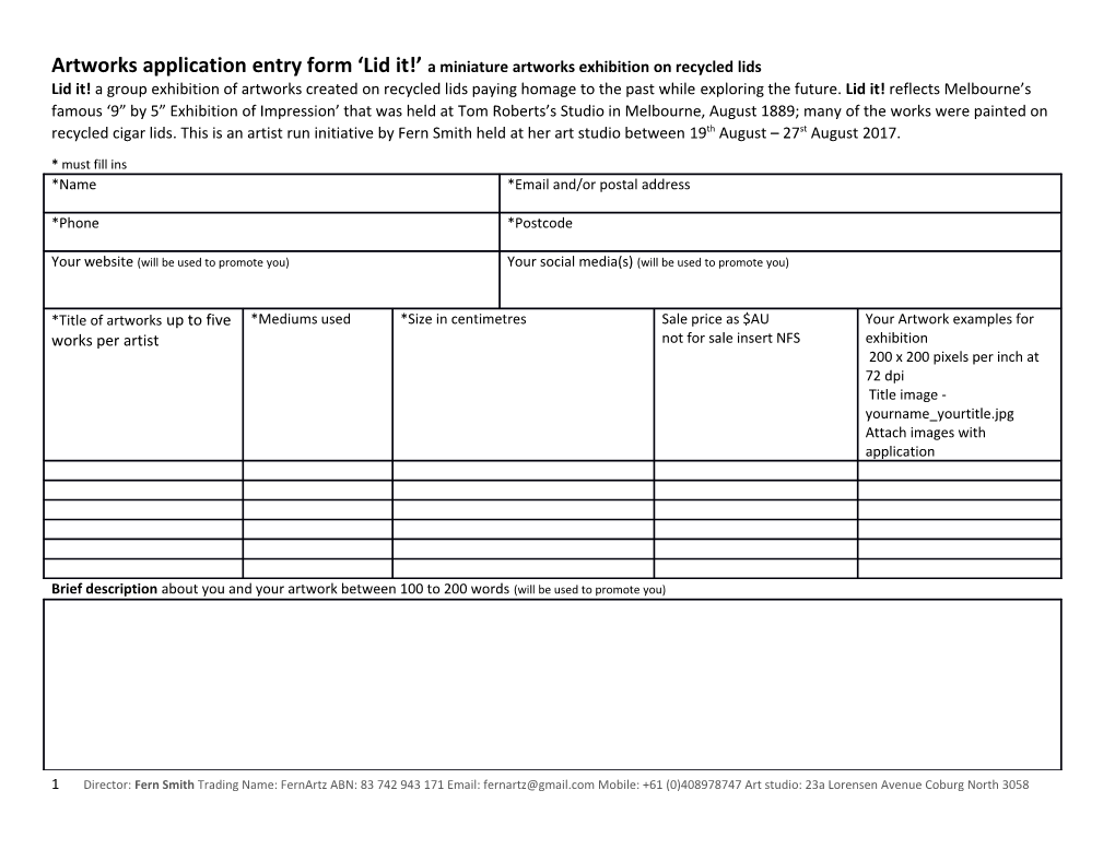 Artworks Application Entry Form Lid It! a Miniature Artworks Exhibition on Recycled Lids
