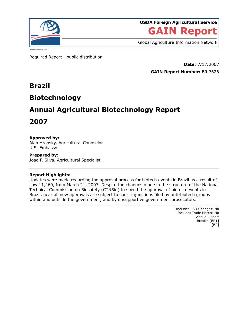 Annual Agricultural Biotechnology Report