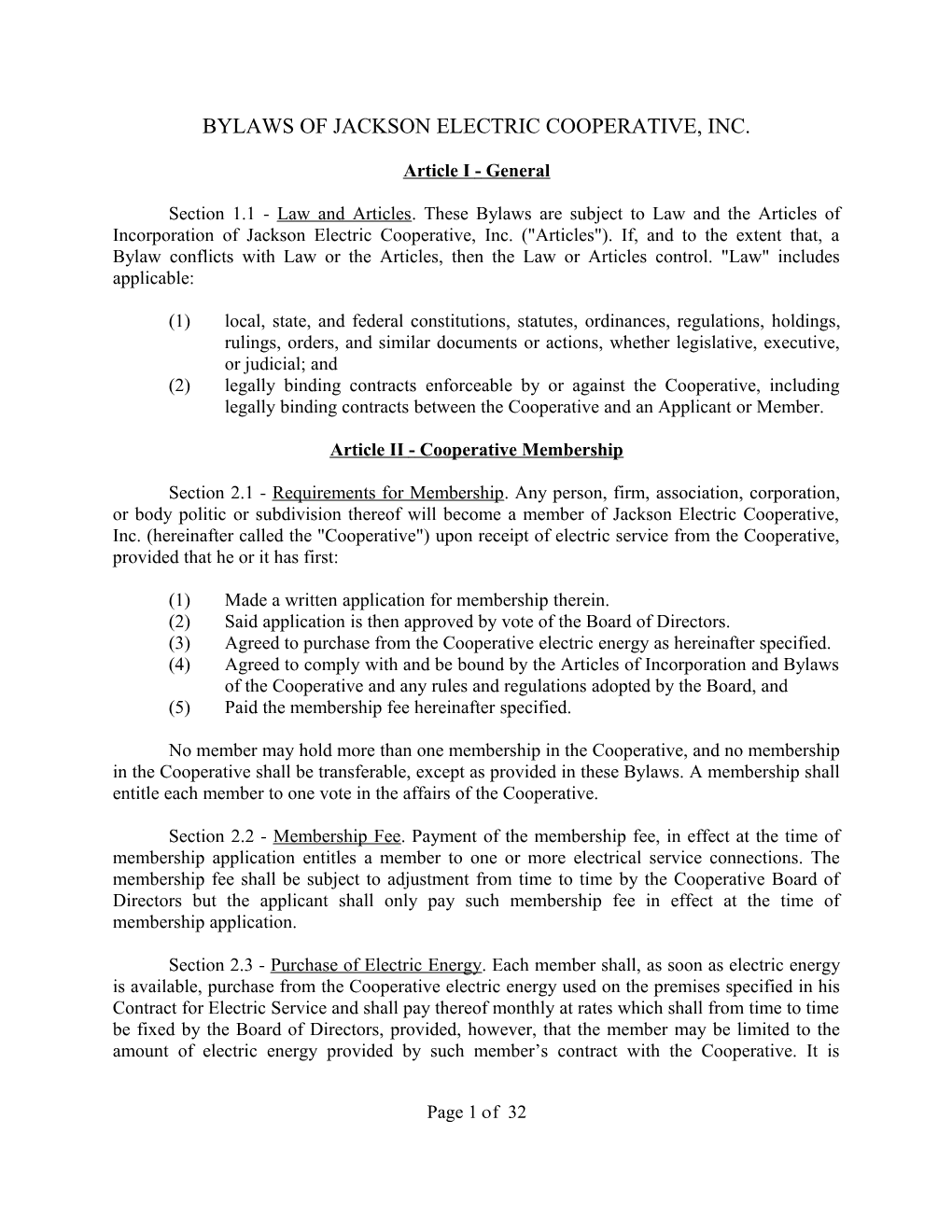 Bylaws of Jackson Electric Cooperative, Inc