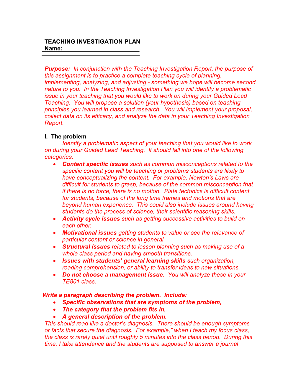 Teaching Investigation Plan