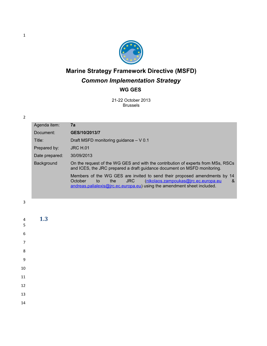 Amendment Sheet for the Draft MSFD Monitoring Guidance: Version 30/09/2013