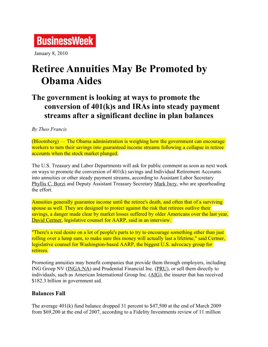 Retiree Annuities May Be Promoted by Obama Aides