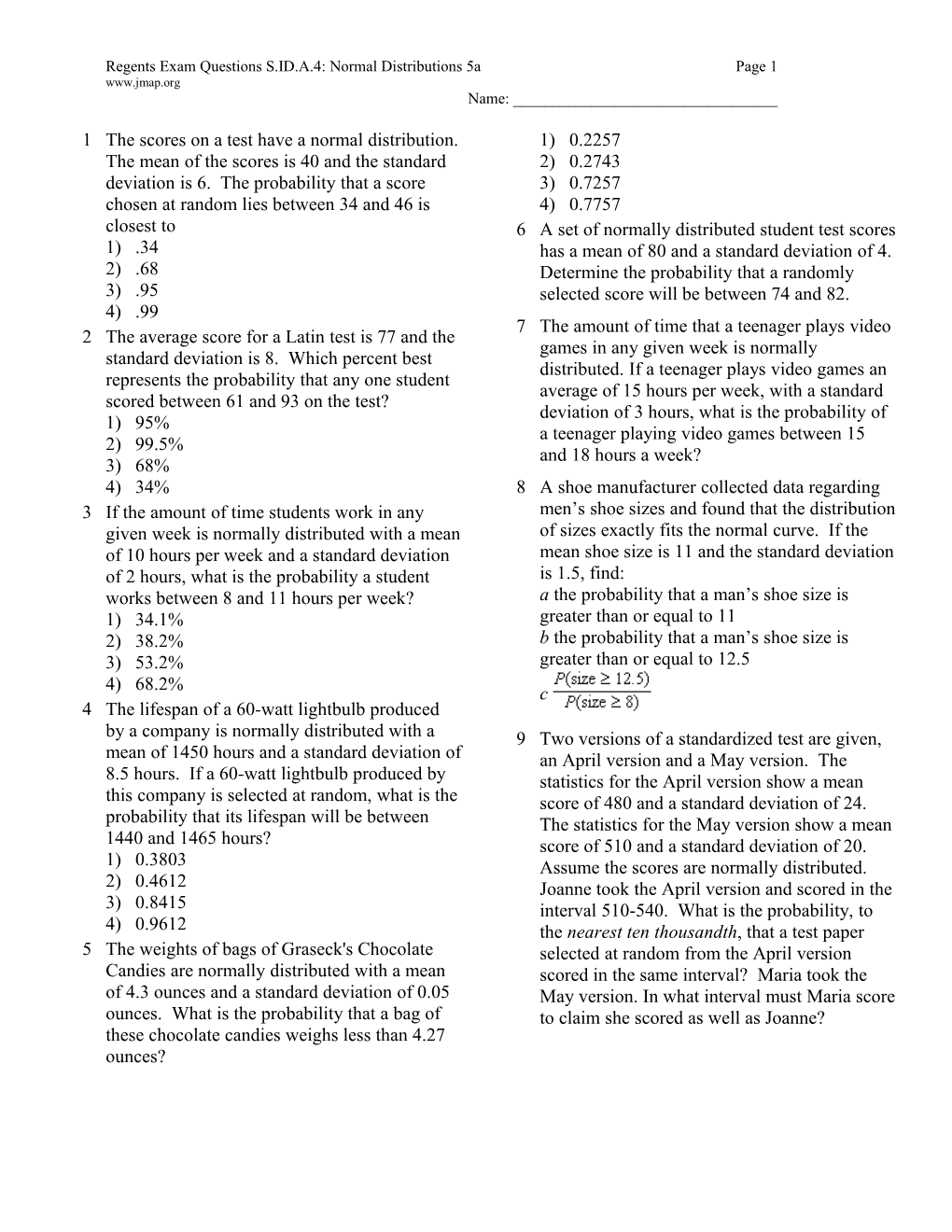 Regents Exam Questions S.ID.A.4: Normal Distributions 5Apage 1